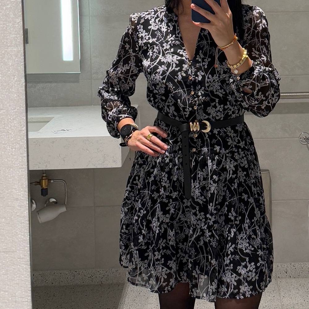 LOFT Black and White Floral Long Sleeve Dress